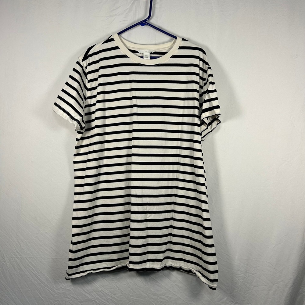 H&M T-Shirt Women XL Ivory Black Striped Short Sleeve Crew Neck Cotton Tunic